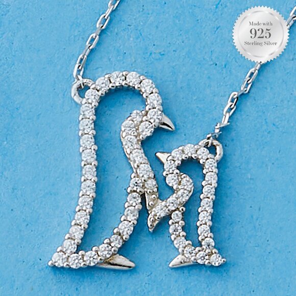Penguin and Baby Necklace - 925 Sterling Silver Charmed Aroma Penguin Collection - Picture 1 of 3